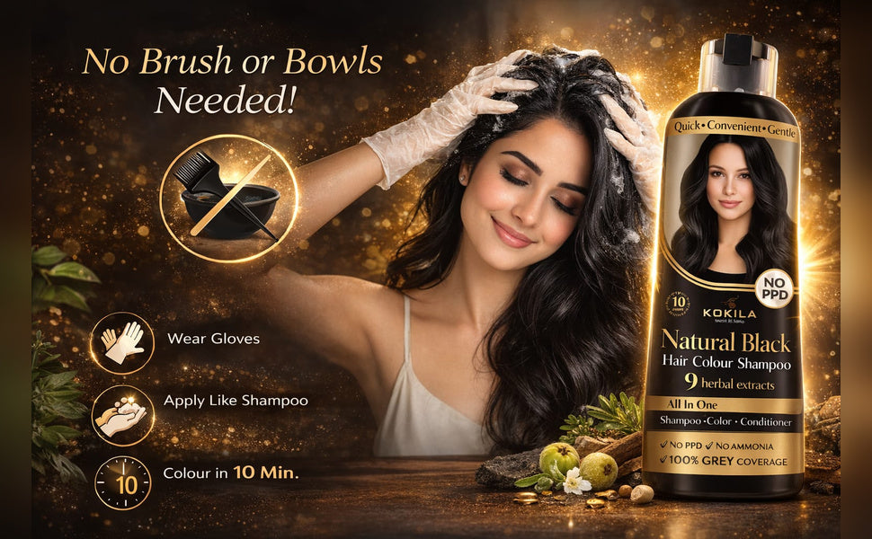 Kokila Shampoo Hair Colour - 400ml for Women and Men | Natural Extracts | Colours Hair in 10 Minutes | Ammonia Free, Paraben Free - 10 Pair Free Gloves … (Natural Black)