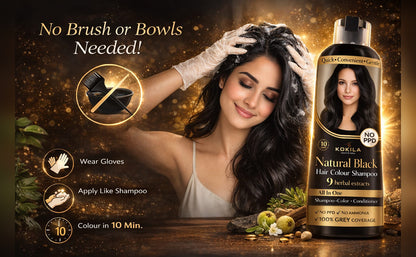 Kokila Shampoo Hair Colour - 400ml for Women and Men | Natural Extracts | Colours Hair in 10 Minutes | Ammonia Free, Paraben Free - 10 Pair Free Gloves … (Natural Black)