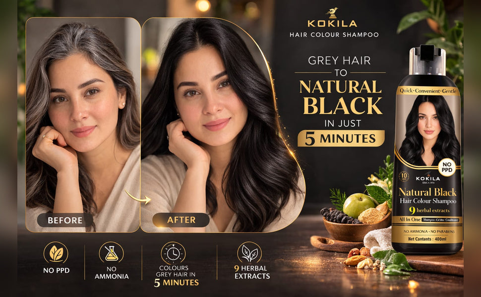 Kokila Shampoo Hair Colour - 400ml for Women and Men | Natural Extracts | Colours Hair in 10 Minutes | Ammonia Free, Paraben Free - 10 Pair Free Gloves … (Natural Black)