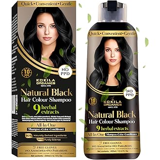 Kokila Shampoo Hair Colour - 400ml for Women and Men | Natural Extracts | Colours Hair in 10 Minutes | Ammonia Free, Paraben Free - 10 Pair Free Gloves … (Natural Black)