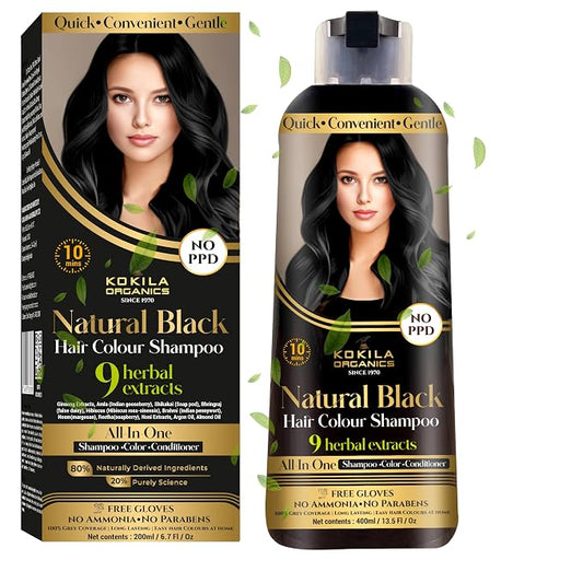 Kokila Shampoo Hair Colour - 400ml for Women and Men | Natural Extracts | Colours Hair in 10 Minutes | Ammonia Free, Paraben Free - 10 Pair Free Gloves … (Natural Black)
